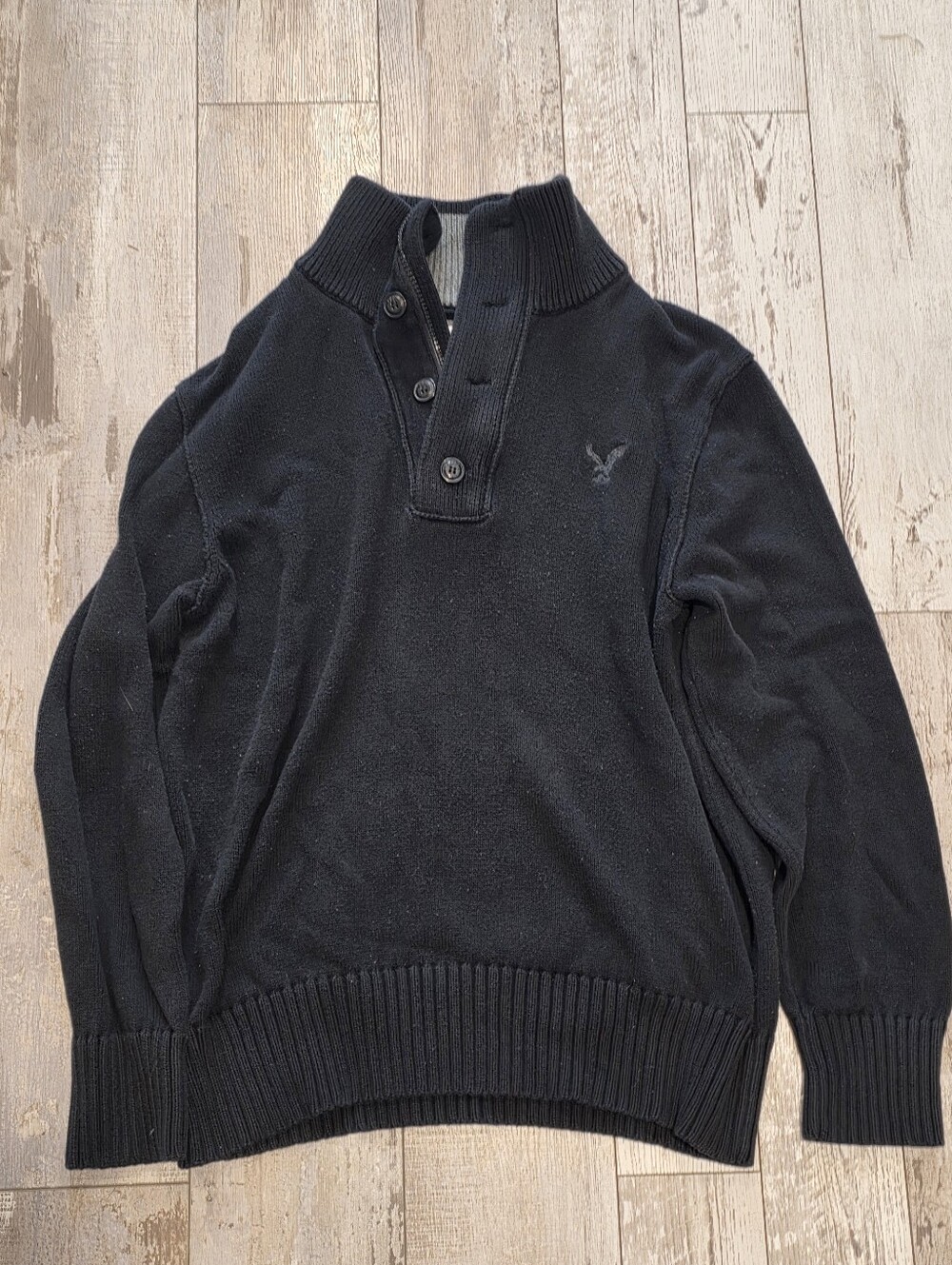 (L) Men's American Eagle Quarter Zip Button Combo Sweater Black 100% Cotton